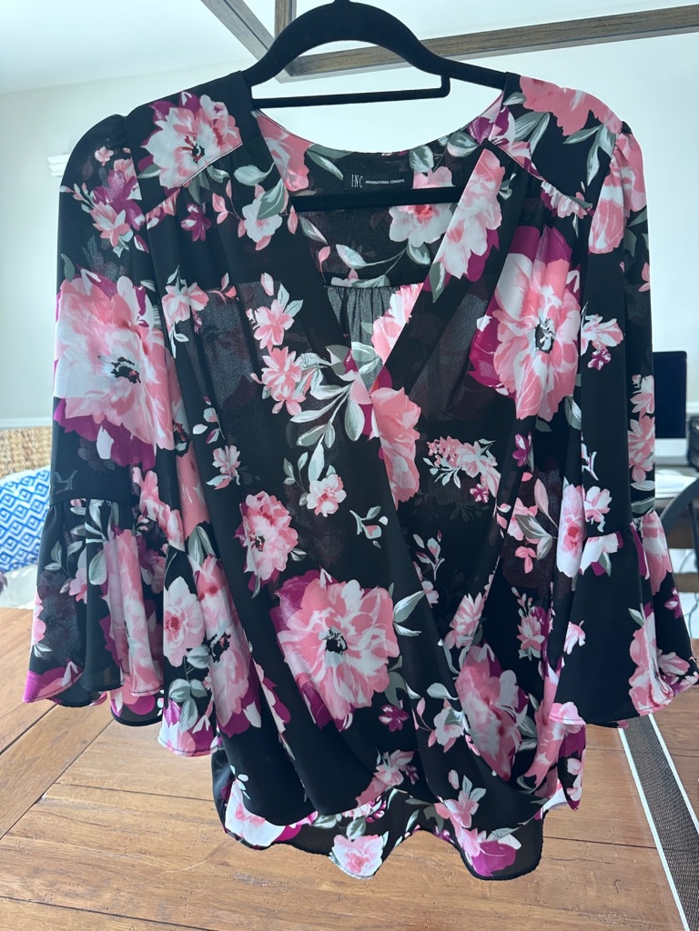 INC International Concepts Black Floral Pink Wrap Blouse with Bell Sleeves